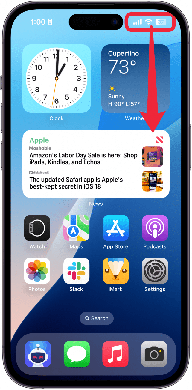 iPhone-Startbildschirm mit einem roten Kästchen um die Statusleiste und einem nach unten zeigenden Pfeil, der dem Benutzer anzeigt, dass er von der oberen rechten Ecke des Bildschirms nach unten wischen muss