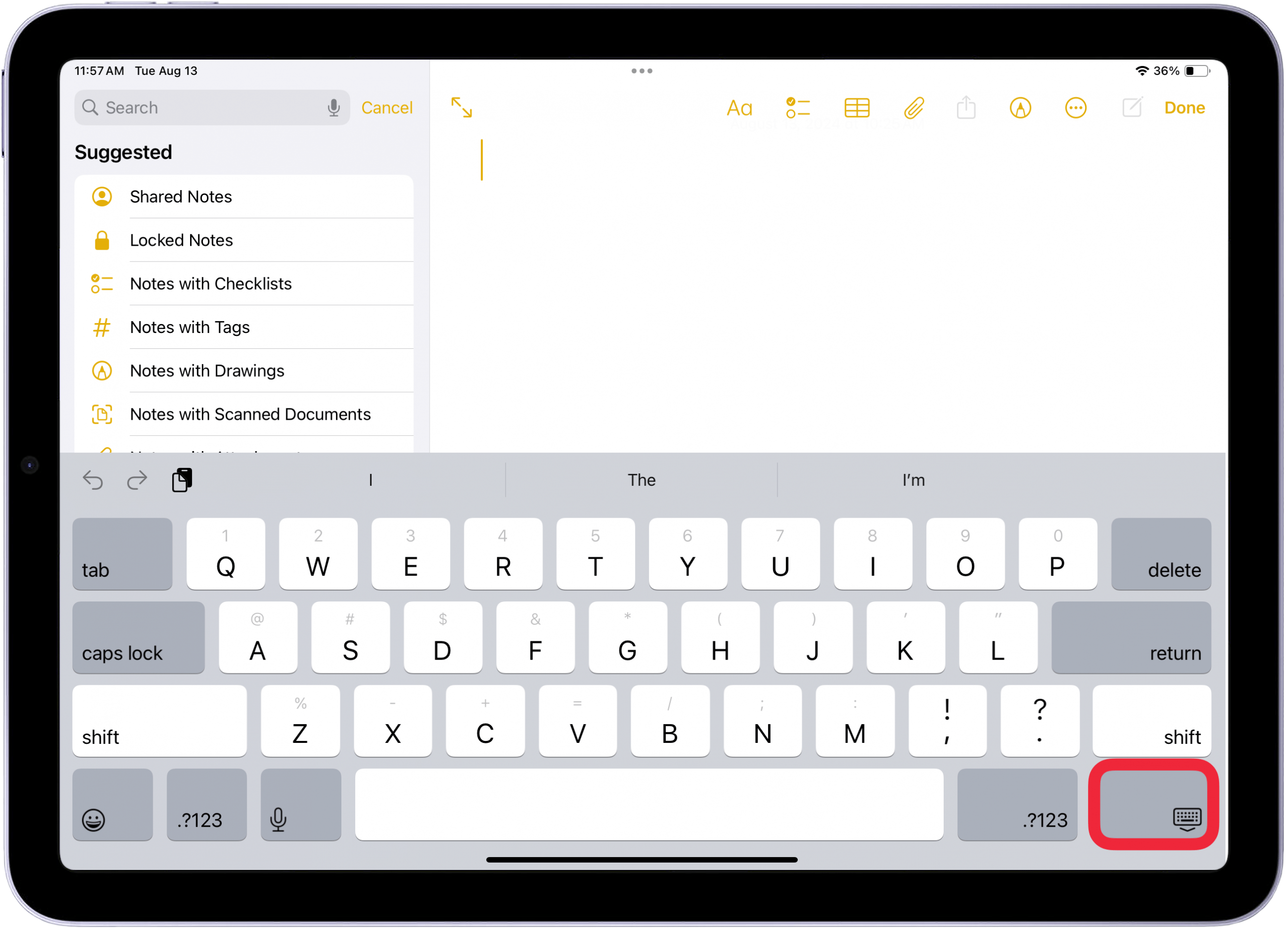 Tippen Sie auf dem iPad auf das schwebende Tastatursymbol