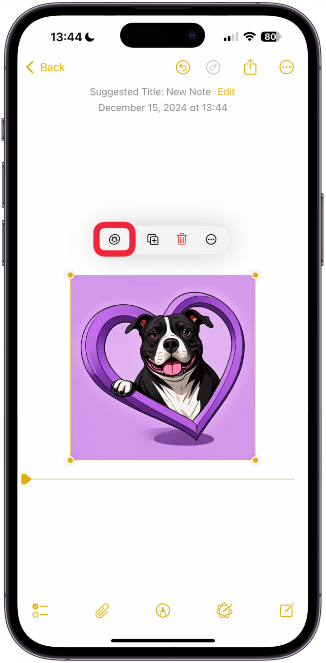 Wenn Sie mit dem von Ihnen erstellten Bild nicht zufrieden sind, tippen Sie in der Notes-App mit ausgewähltem Image Wand-Werkzeug auf das Bild und anschließend im Menü über dem Bild auf das Apple Intelligence-Symbol.