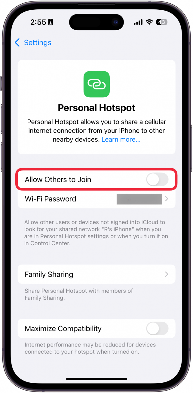 iPhone-Hotspot-Einstellungen mit rot eingekreistem Schalter „Anderen die Teilnahme erlauben“.