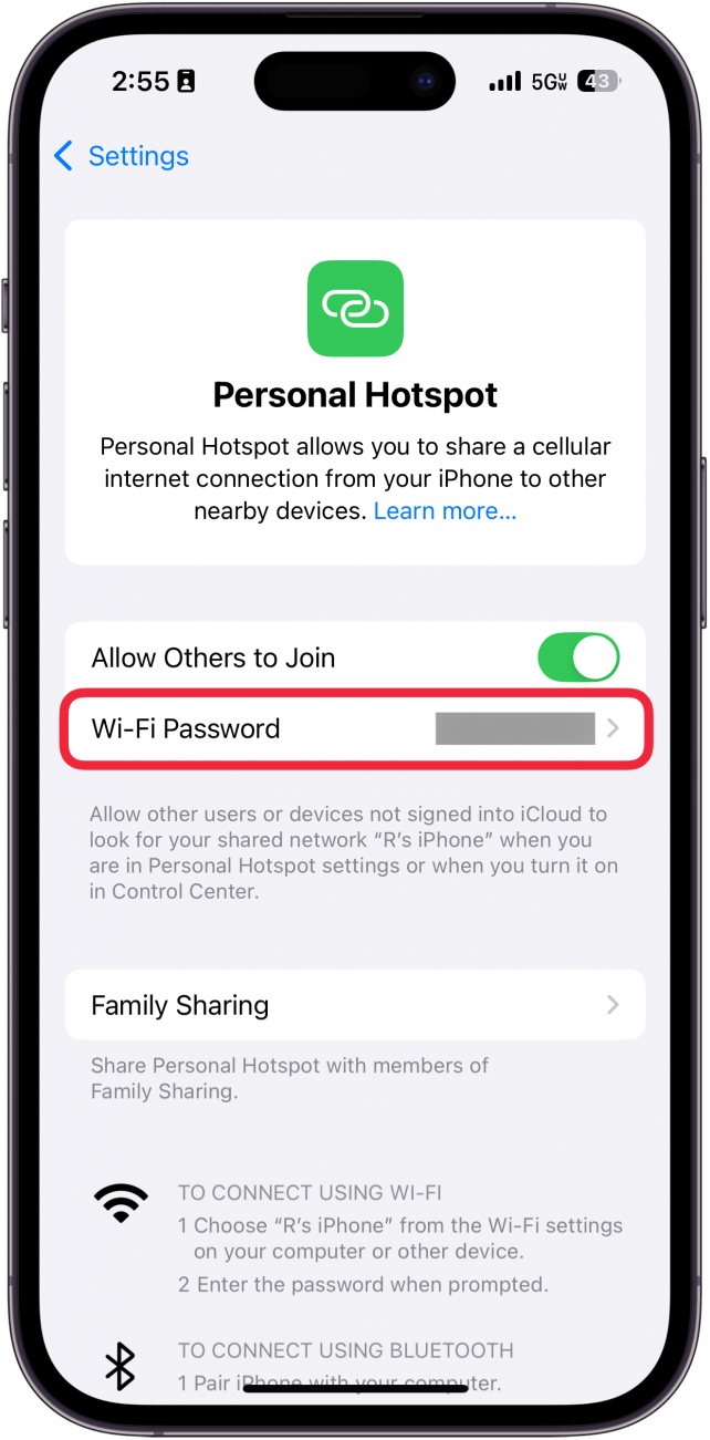 iPhone-Hotspot-Einstellungen mit rot eingekreistem Passwort