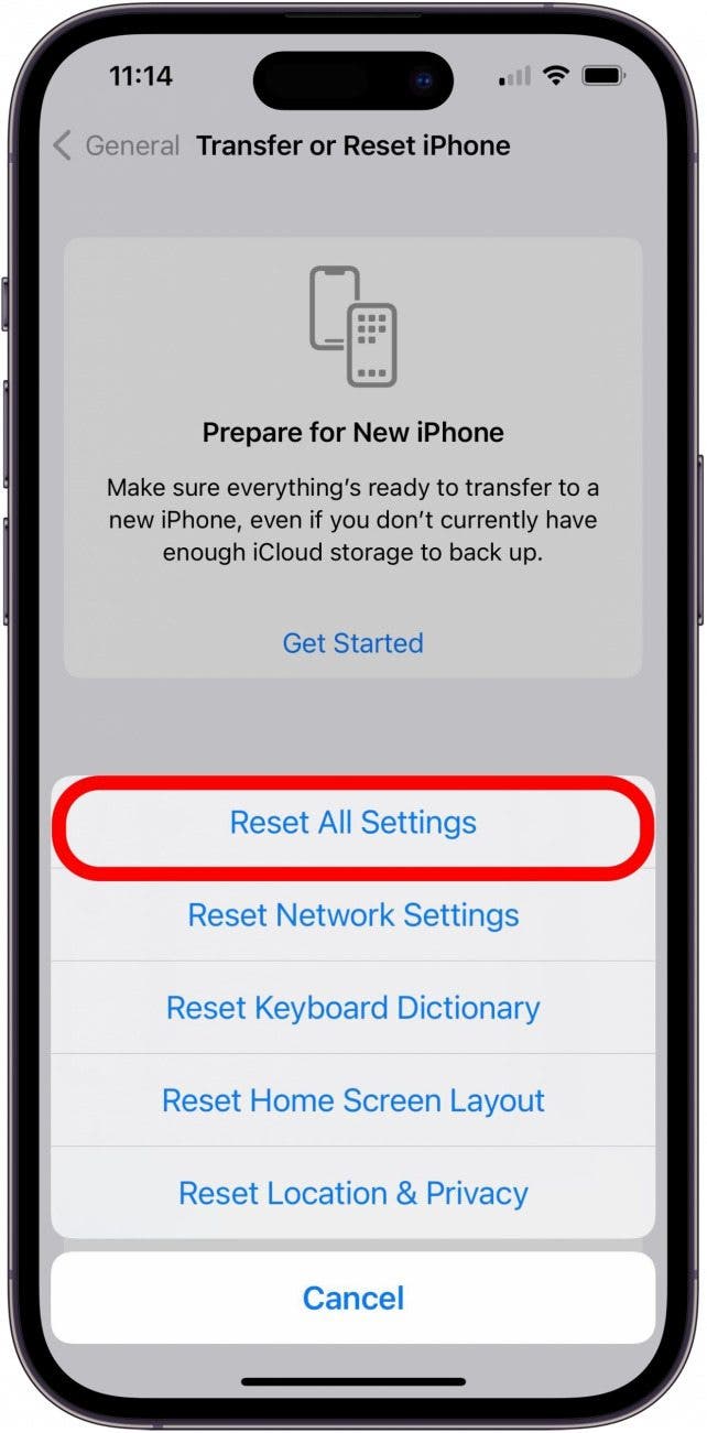 Bildschirm „Allgemeine iPhone-Einstellungen übertragen oder zurücksetzen“ mit markierter Option „Alle Einstellungen zurücksetzen“.