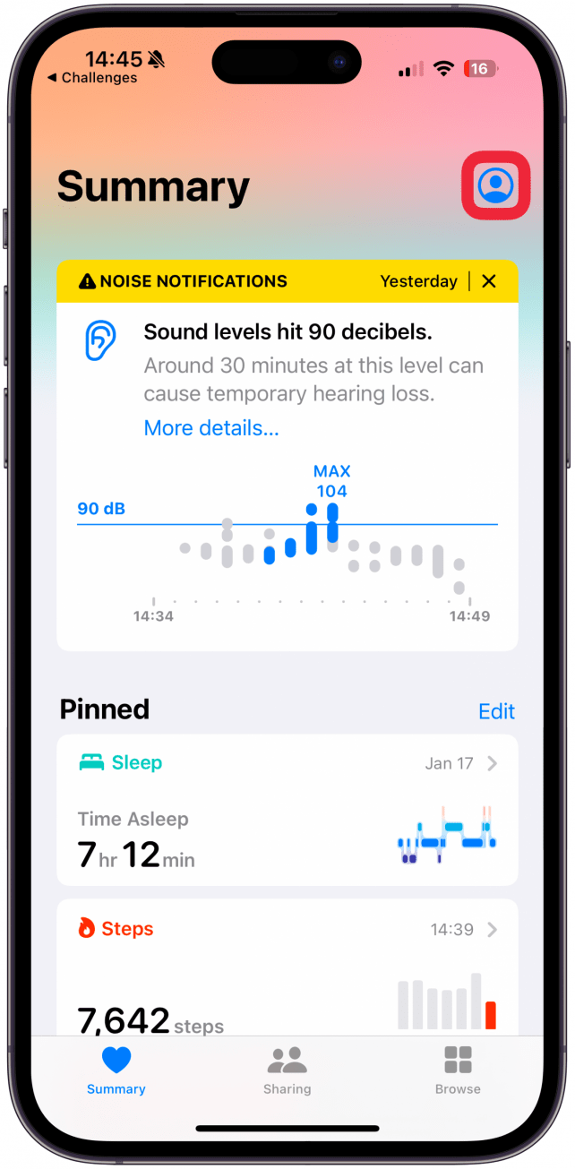 Sie werden zur Gesundheits -App gebracht. Tippen Sie auf Ihr Profil.