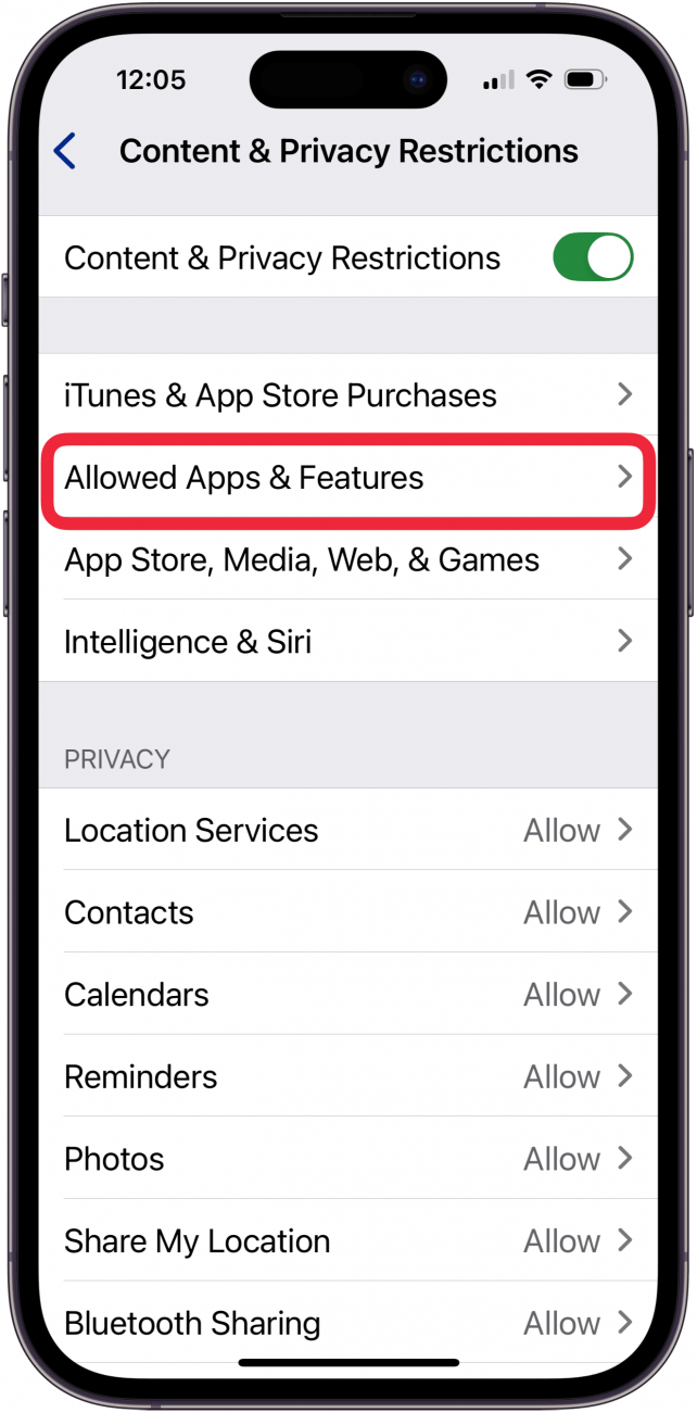 Tippen Sie auf erlaubte Apps und Funktionen in den Bildschirmeneinstellungen