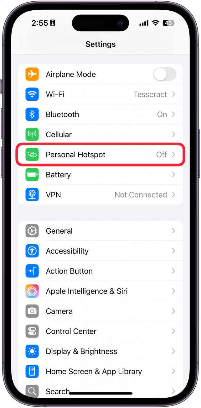iPhone-Einstellungen mit rot eingekreistem persönlichem Hotspot