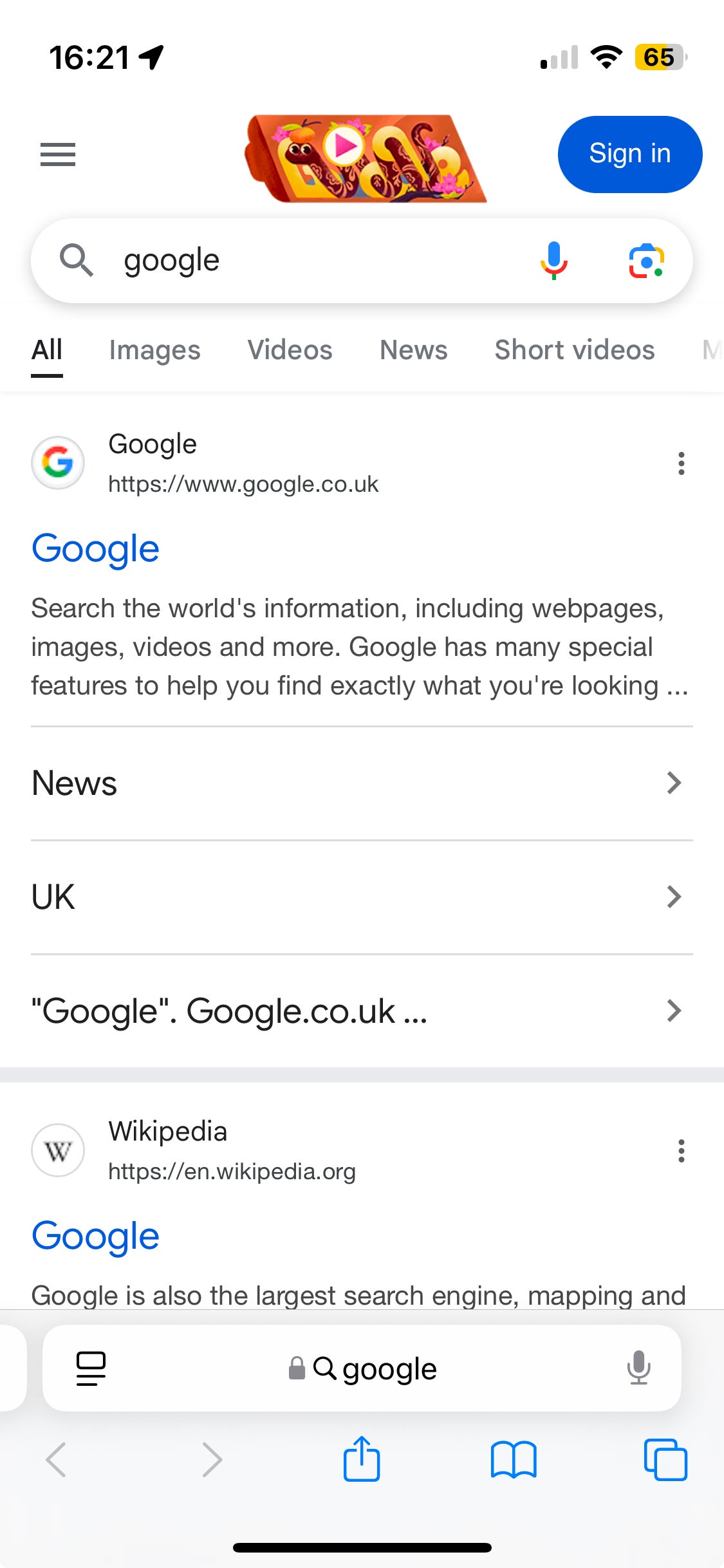 Safari -App, die Google Doodle oben anzeigt