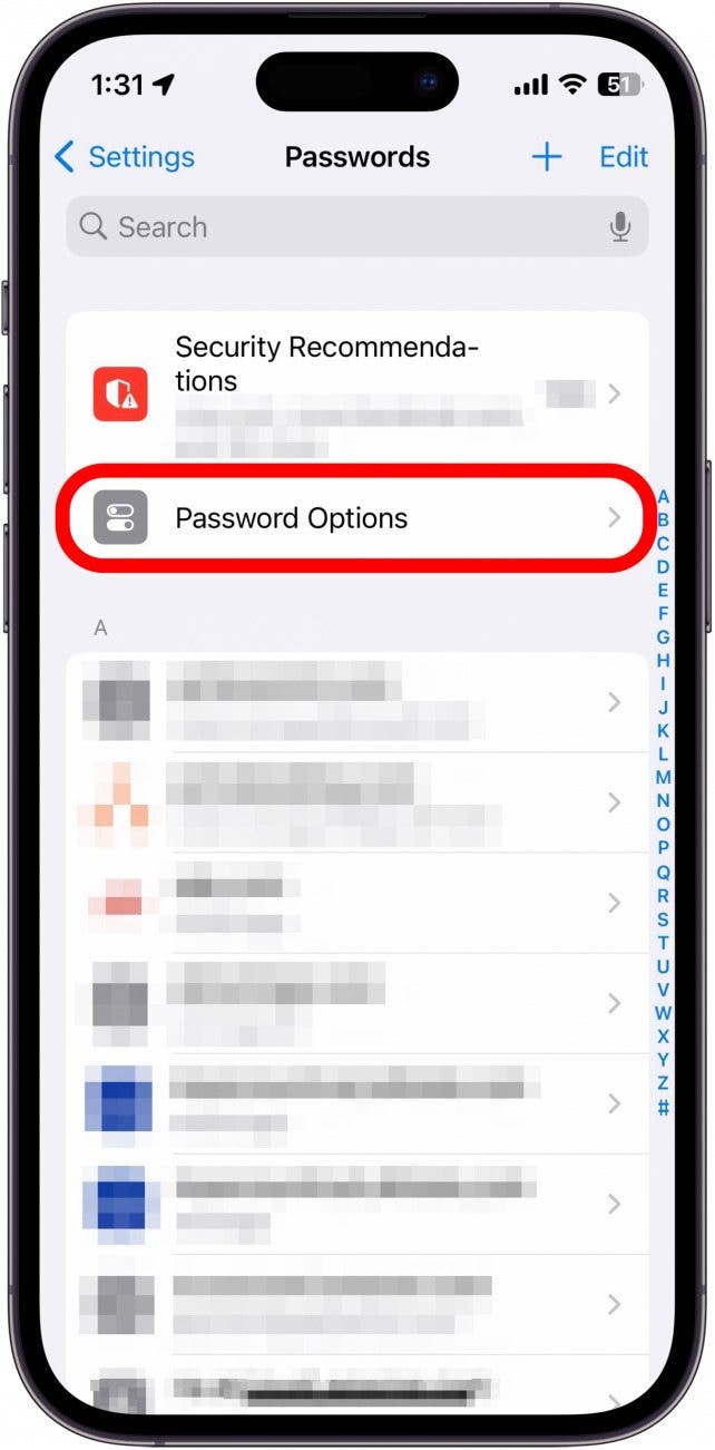 iPhone -Kennworteinstellungen mit Kennwortoptionen Schaltfläche rot eingekreist