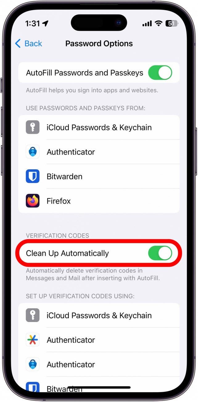 iPhone -Passwortoptionen mit Bereinigen automatisch umkreisen rot