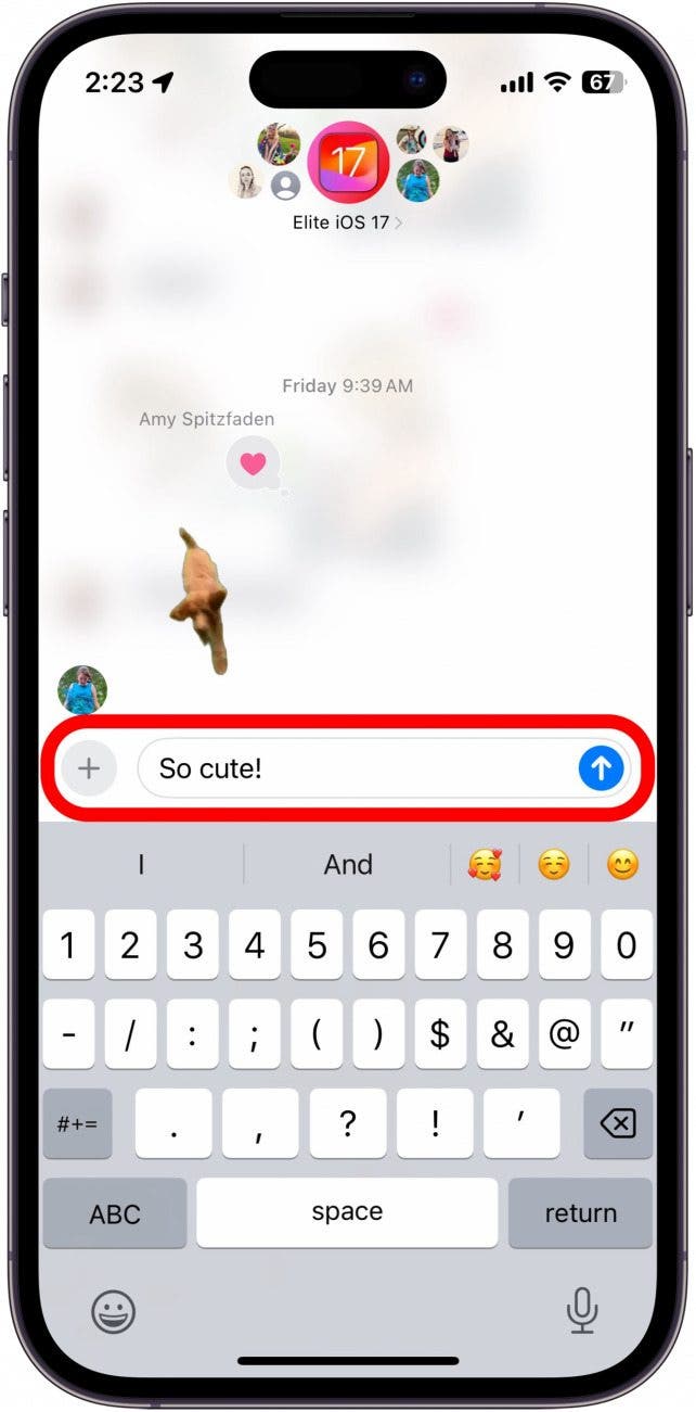 IMESSAGE -Antwortblase mit einem roten Kreis um die eingegebene Antwort "So süß!"