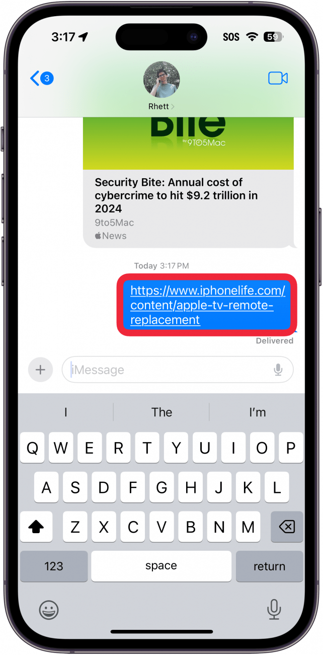 iPhone -Nachrichten -App -Konversation mit einer blauen Blase mit einer anklickbaren URL und einem roten Box um die Blase