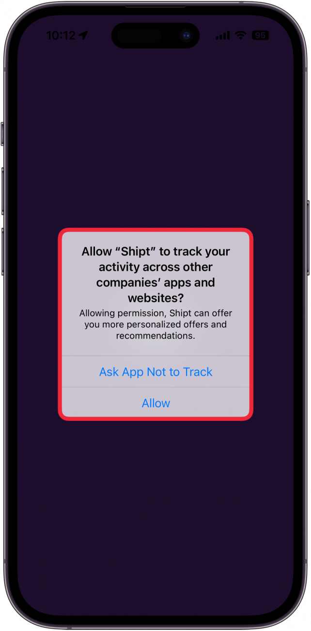 Die iPhone -App -Verfolgung von Pop -up fragt den Benutzer, ob er die App ermöglichen möchte, sie mit einem roten Box um das Pop -up zu verfolgen