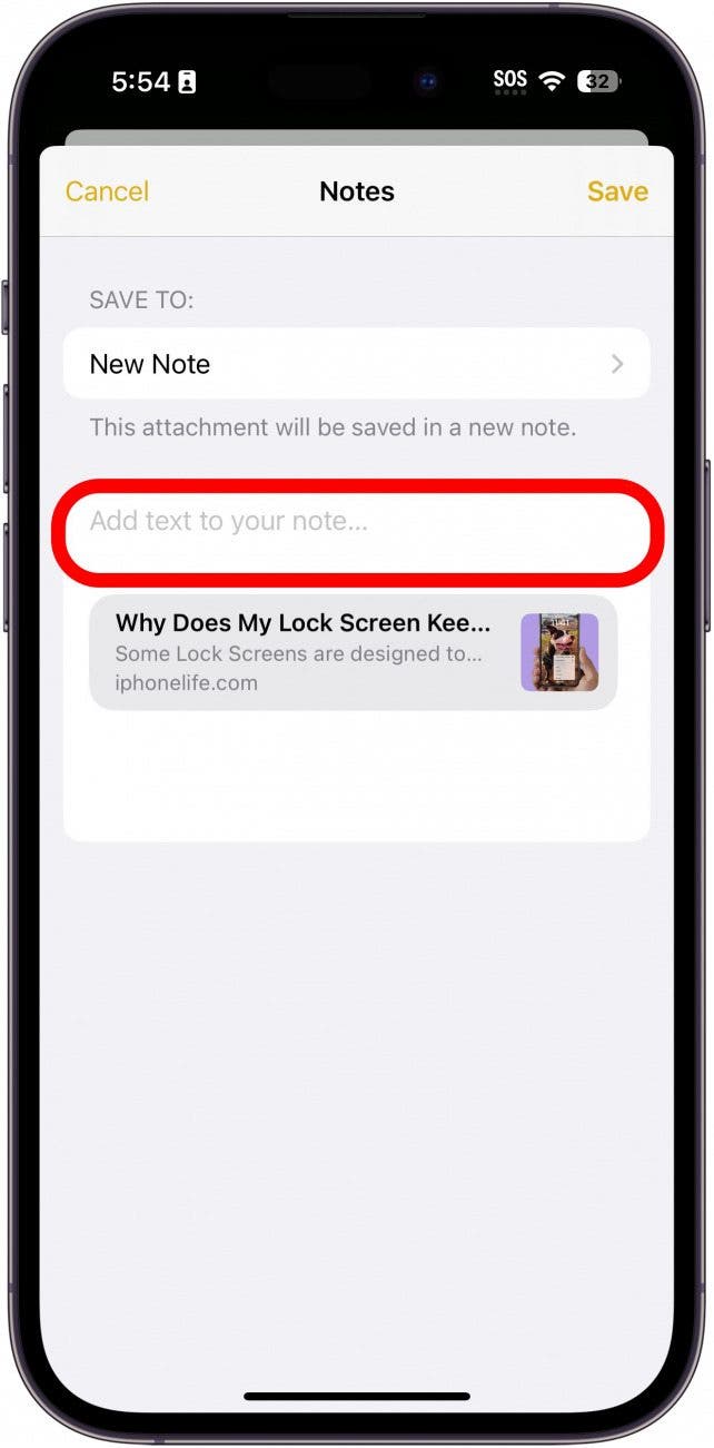 iPhone Share -Website zu Notizen Bildschirm mit rot eingekreistem Textknopf hinzufügen