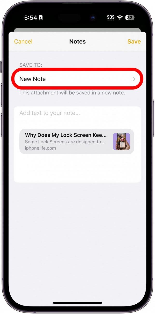 iPhone Share -Website zu Notizen Bildschirm mit neuem Noten rot eingekreist