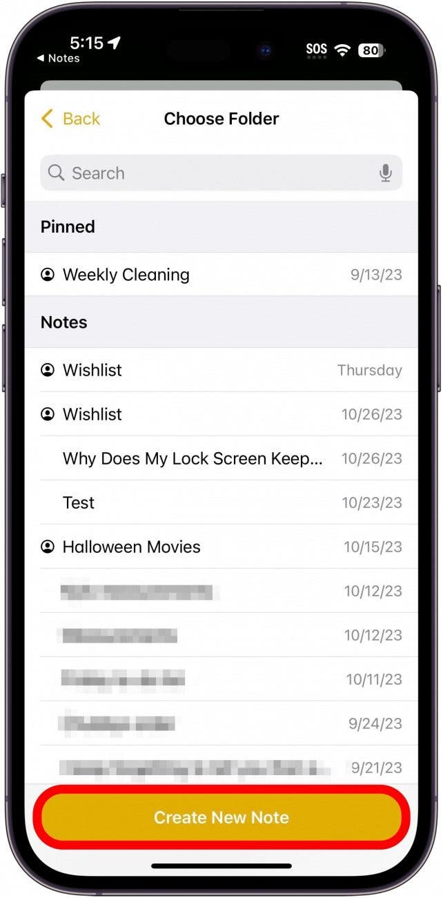 iPhone -Notizen mit neuer Note -Schaltfläche kreiste rot eingekreist