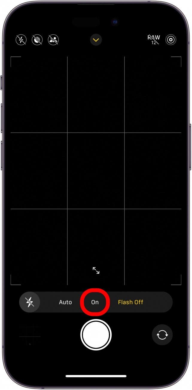 iPhone -Kamera -App mit erweiterten Flash -Steuerelementen für Auto, ON und Off mit on Circled in rot