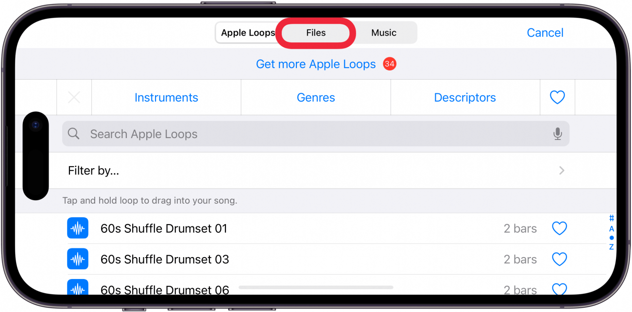 iPhone GarageBand -App mit einem Schleifenfenster mit einem roten Box um die Registerkarte 
