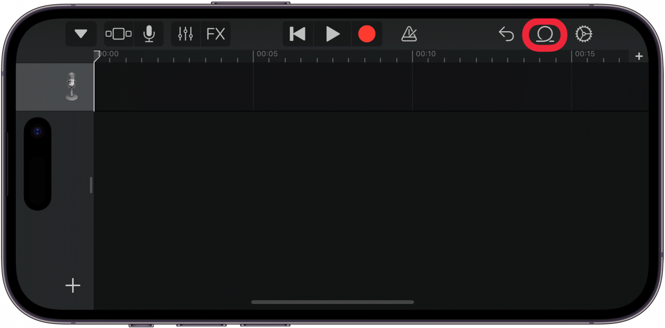 iPhone GarageBand -App mit einem Songprojekt mit einem roten Box um Loops -Schaltfläche