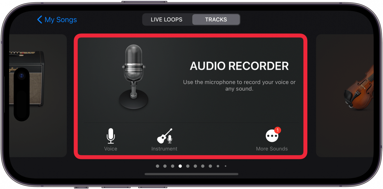 iPhone GarageBand -App mit einem roten Box um Audio Recorder -Instrument