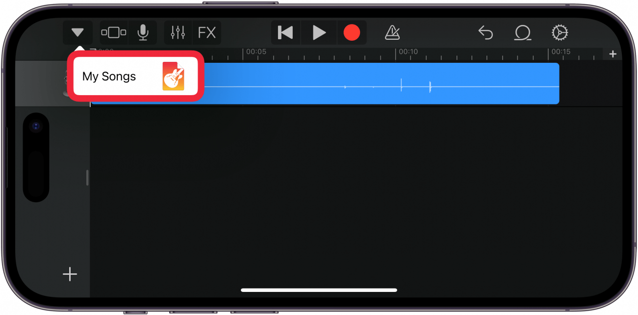 iPhone GarageBand, in dem Tracks mit einem roten Box um meine Song -Taste anzeigen
