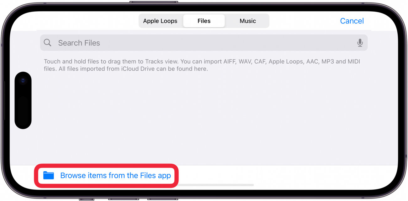 iPhone GarageBand -App mit einem Schleifenfenster mit einem roten Feld um Surfen Sie Elemente der Dateien -App -Schaltfläche durch