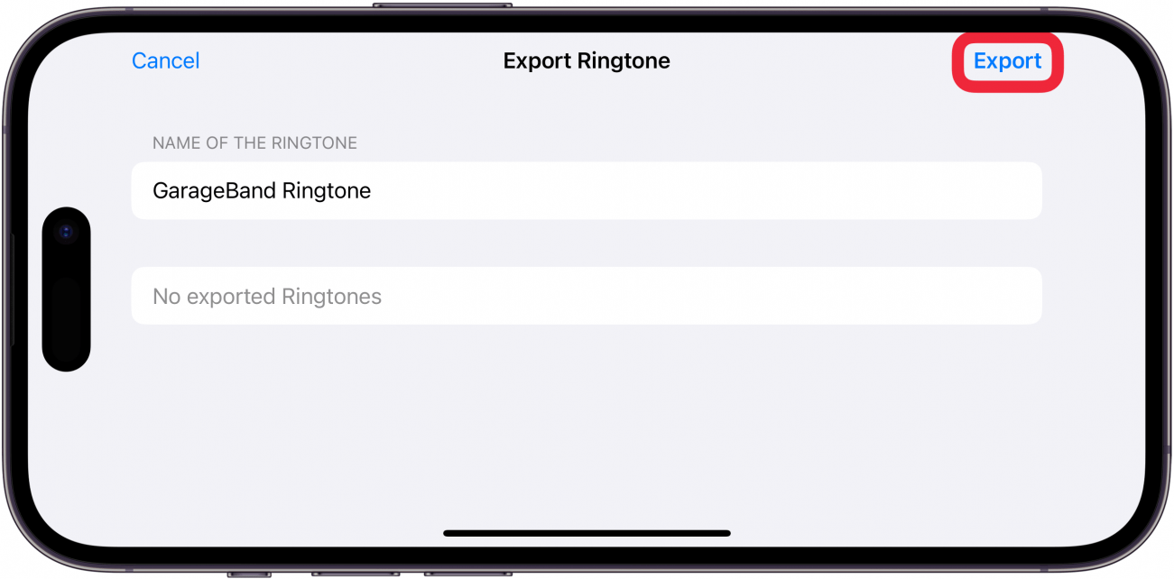 iPhone GarageBand, das Exportprojektfenster mit einem roten Box um den Exporttaste anzeigt