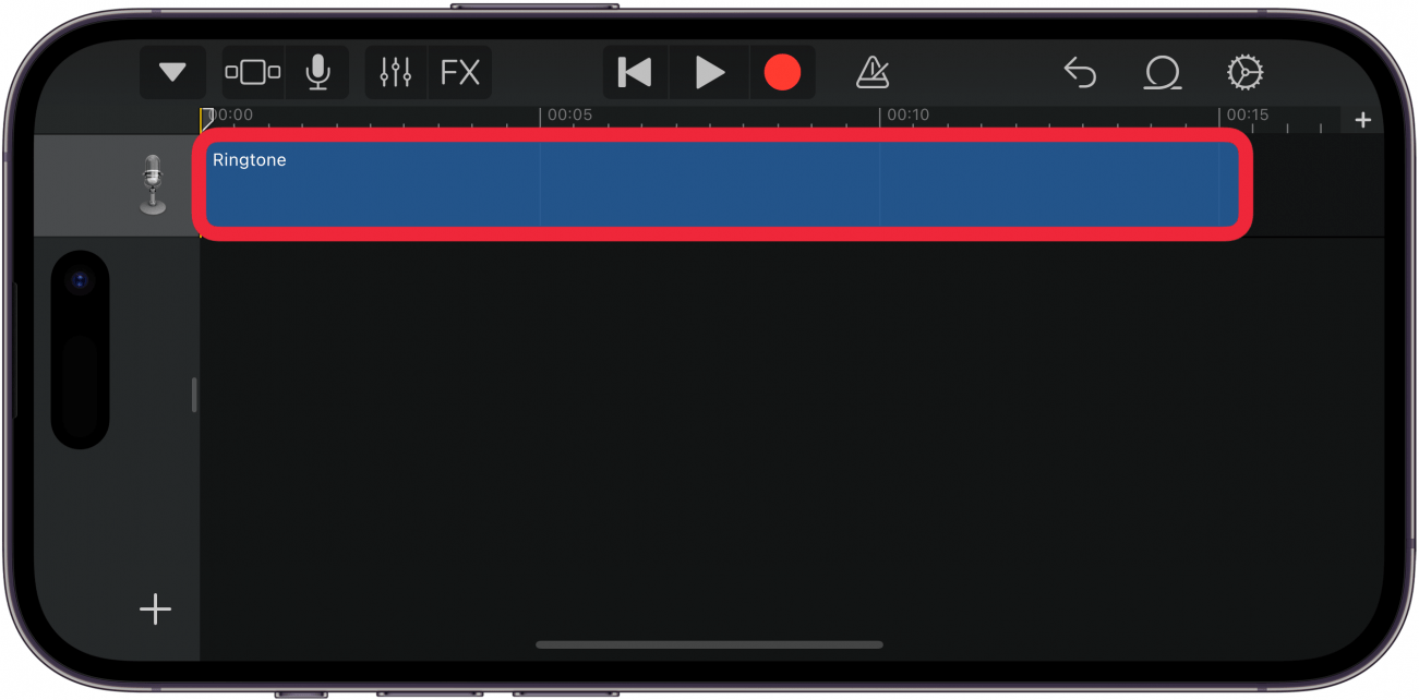 iPhone GarageBand, in dem die Tracks mit einem roten Box um Sprach -Memo -Track anzeigen