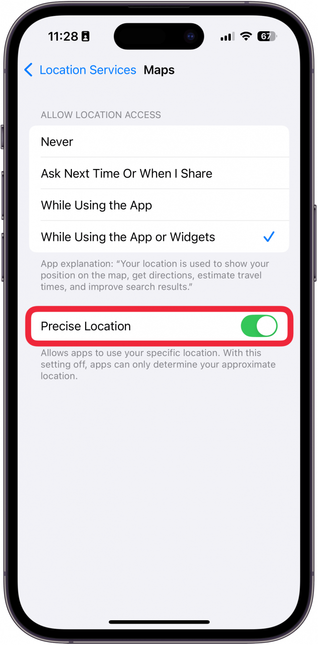 iPhone Maps Standorteinstellung mit einem roten Box um einen pr&auml;zisen Standortumschaltung