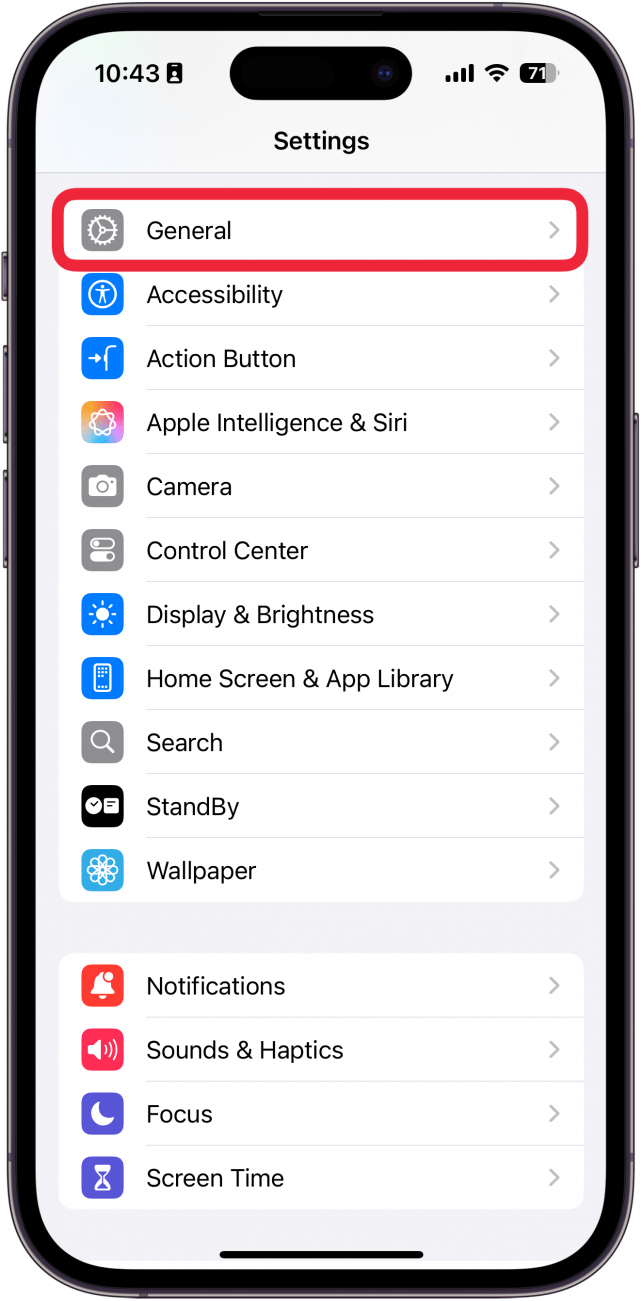 iPhone -Einstellungen mit einem roten Box um allgemeine
