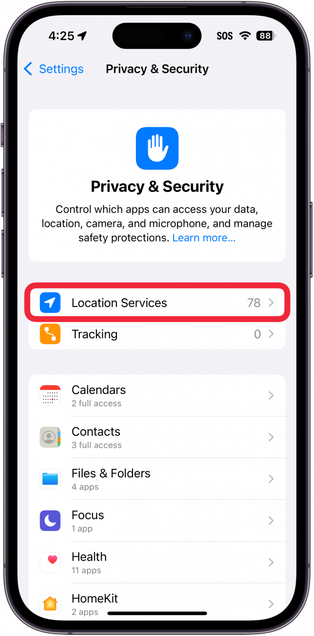 iPhone Privatsph&auml;re und Sicherheitseinstellungen mit einem roten Box um Standortdienste