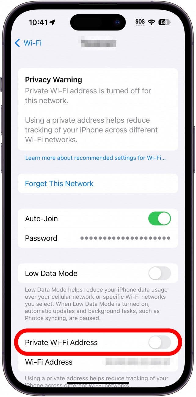 iPhone Wi-Fi-Netzwerkeinstellungen mit privater Wi-Fi-Adresse rot eingekreist