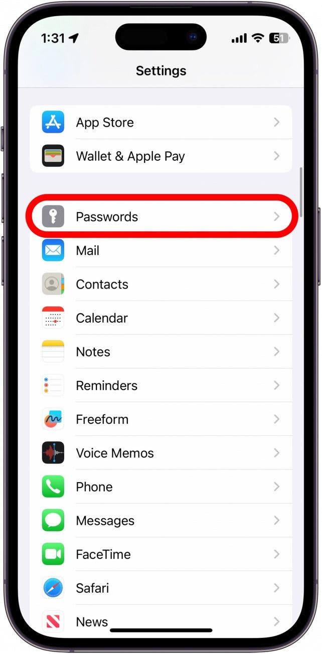 iPhone -Einstellungen mit Kennwörtern Option rot eingekreist