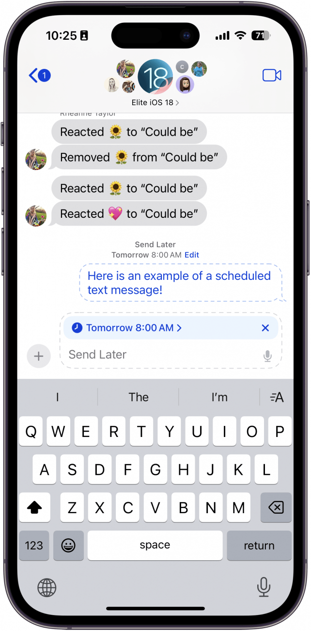 iPhone -Nachrichten App mit einem Text, der später gesendet wurde