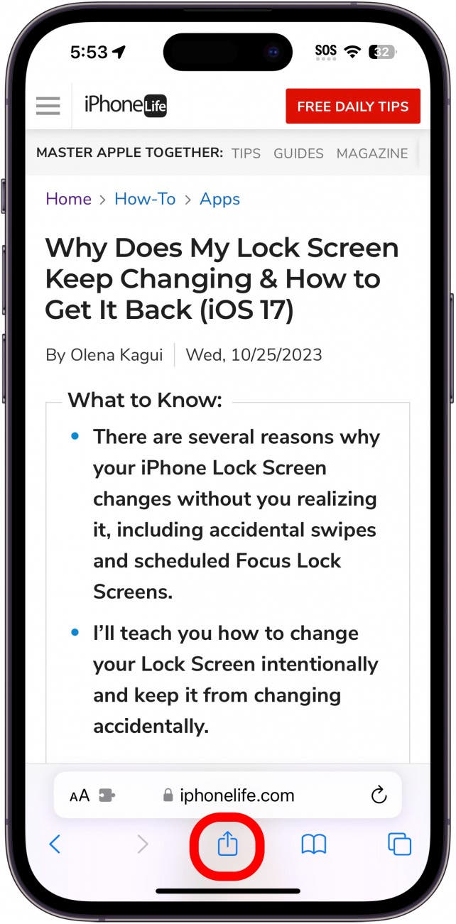 iPhone Safari -Webseite mit Schaltfläche Freigabe in rot eingekreist