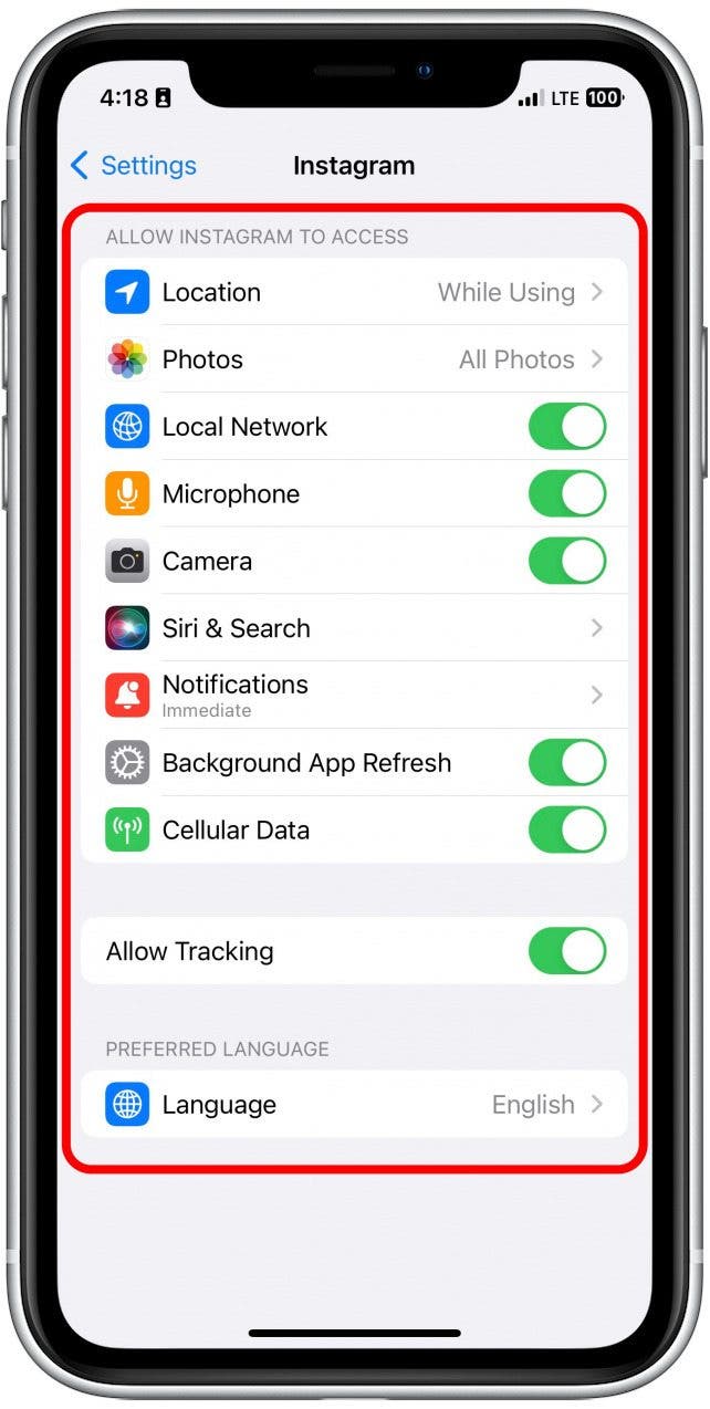 Tippen Sie auf die App, wenn sie anscheinend auf die Einstellungen zugreift.