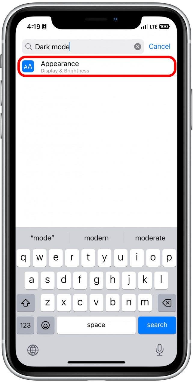 Wenn Sie nach einer bestimmten iPhone -Einstellung suchen möchten, sich jedoch nicht sicher sind, wo sie sich befindet, geben Sie den Namen der Einstellung ein. Sie sehen den Ort, an dem diese Funktion bearbeitet werden kann.