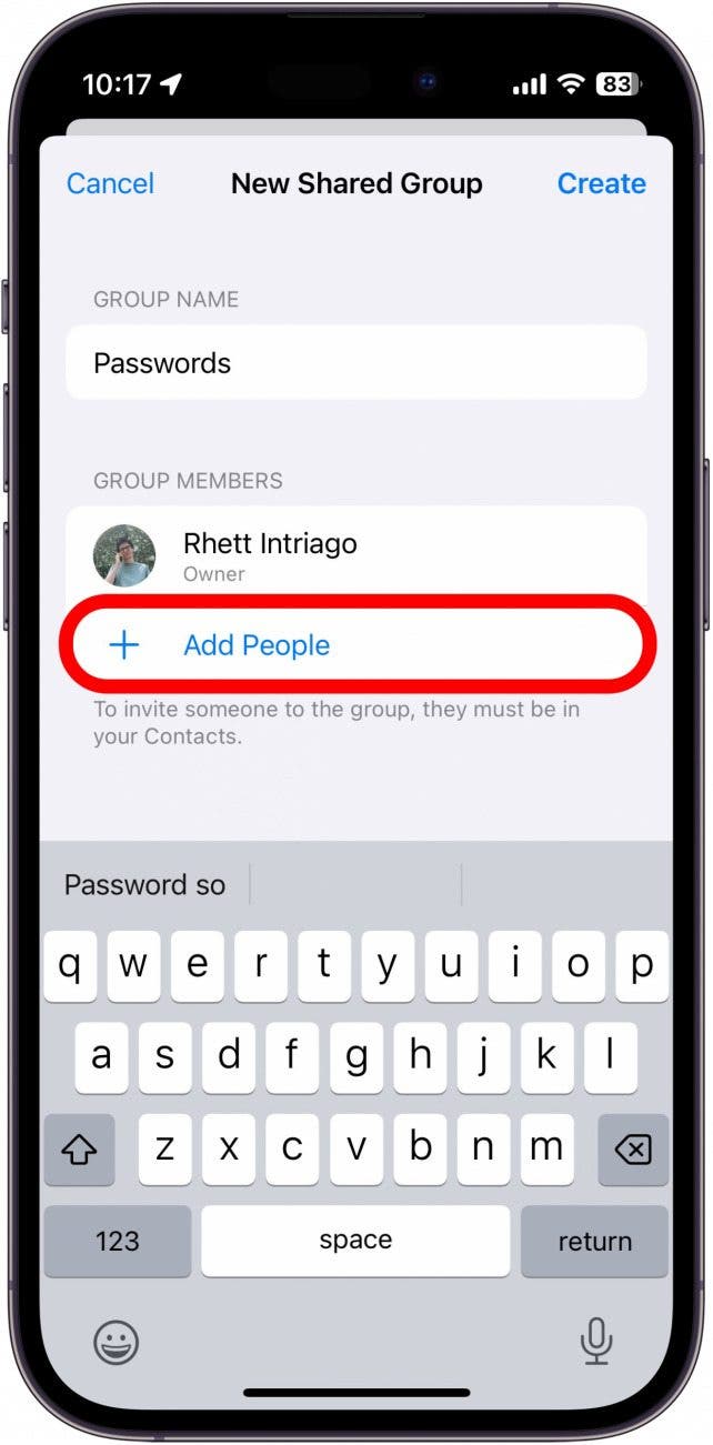 iPhone erstellen gemeinsam genutzter Kennwortgruppe mit People -Taste rot eingekreist