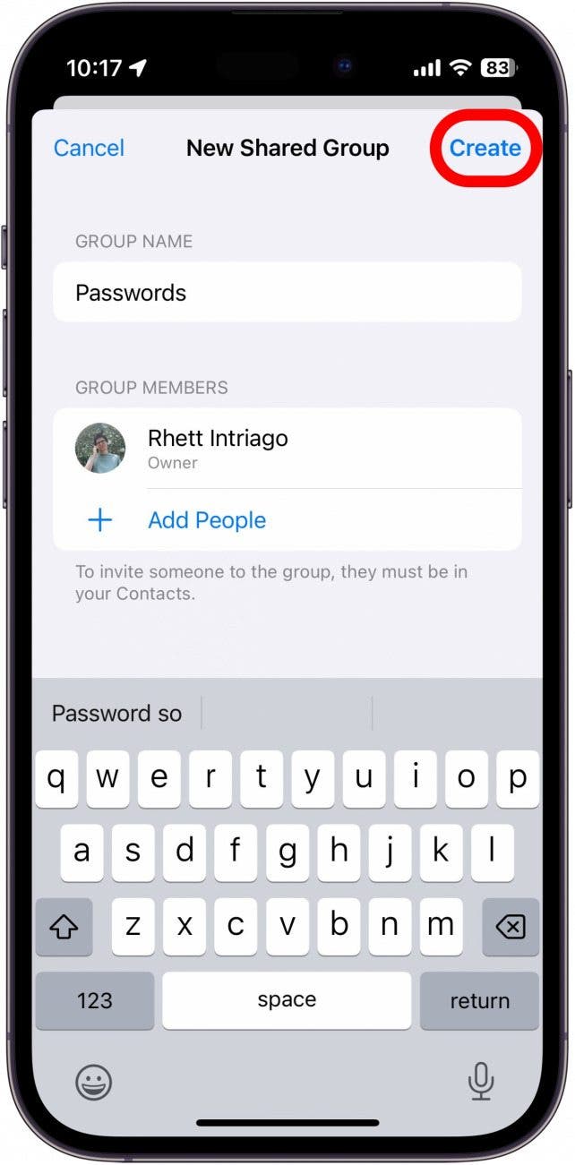 iPhone erstellen gemeinsam genutzter Kennwortgruppe mit Schaltfläche Erstellen in rot eingekreist