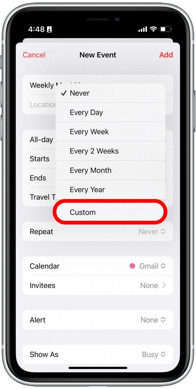 Wenn Sie möchten, dass Ihr iPhone -Kalender das Ereignis an bestimmten Tagen wiederholt, können Sie benutzerdefiniert tippen.