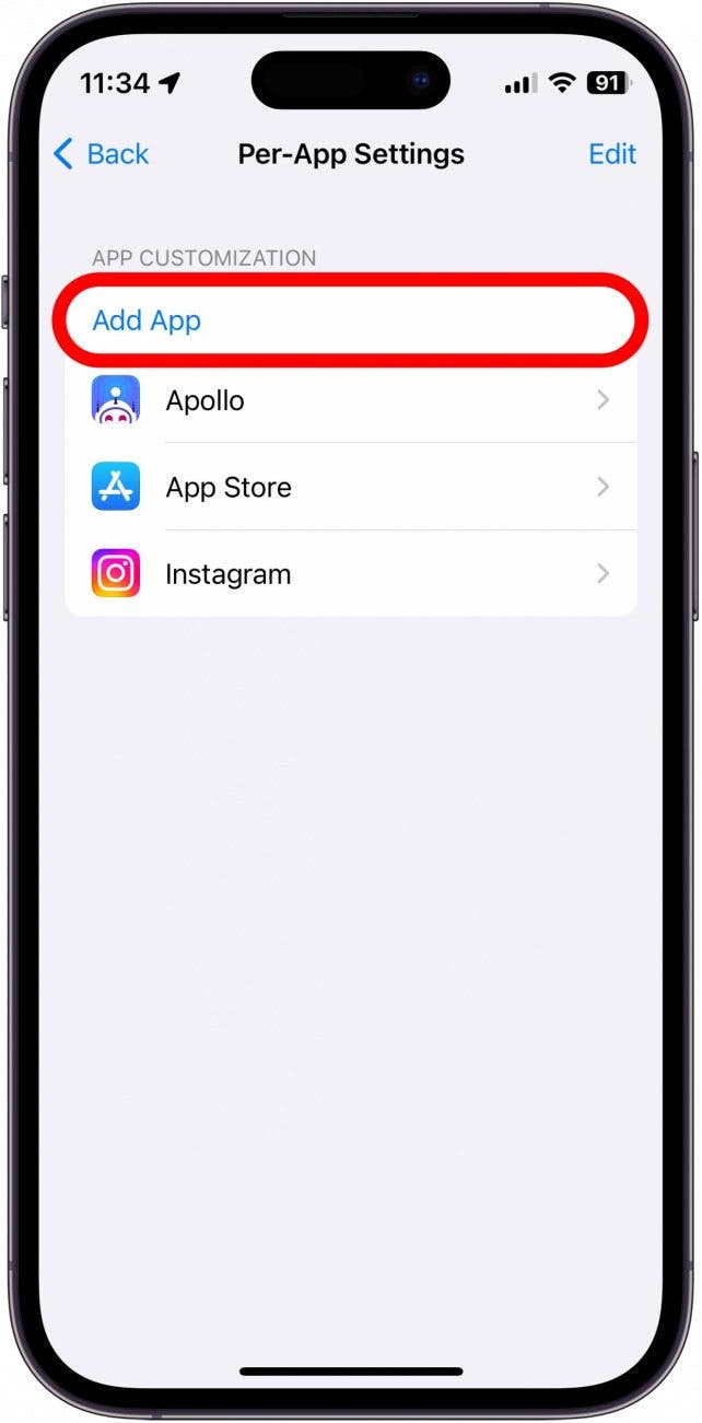 iPhone pro App -Einstellungen Screenshot mit add rot eingekreist in rot