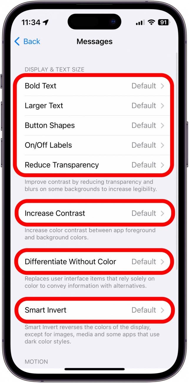 iPhone pro App -Einstellungen Screenshot Anzeigen der verfügbaren Barrierefreiheit Optionen