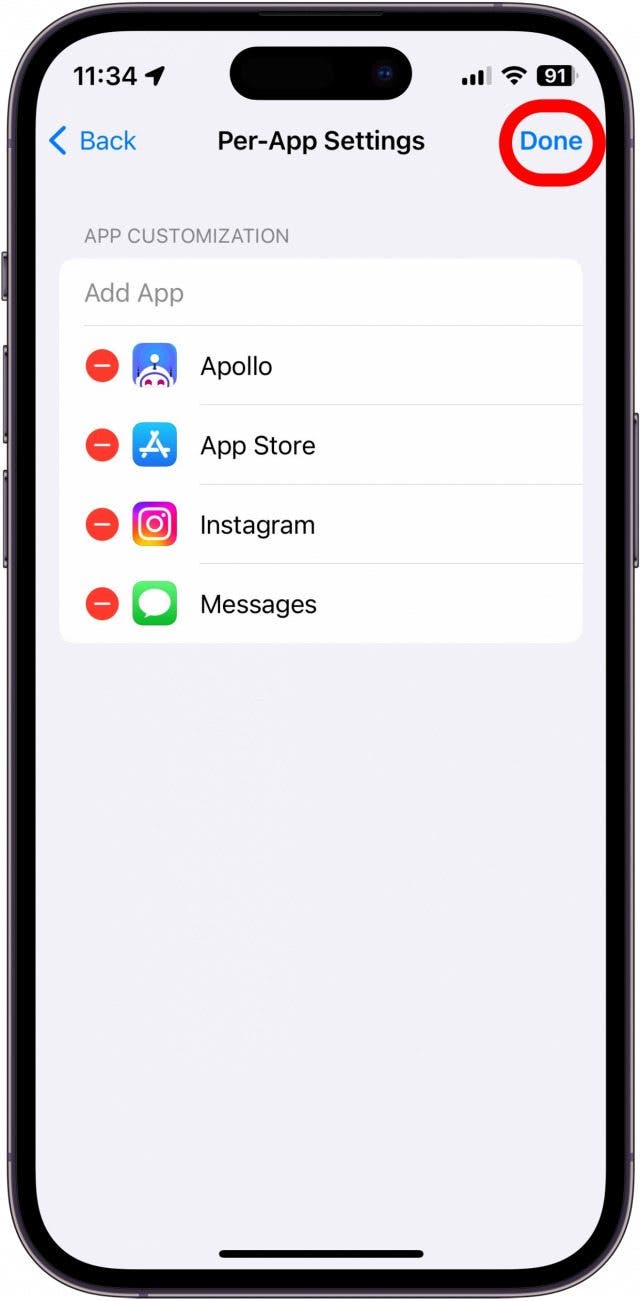 iPhone pro App -Einstellungen Screenshot mit rot eingekreister Taste