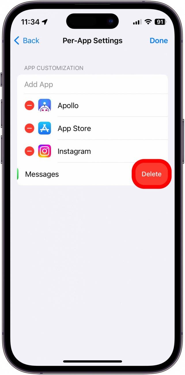 iPhone pro App -Einstellungen Screenshot mit löschender Schaltfläche rot eingekreist
