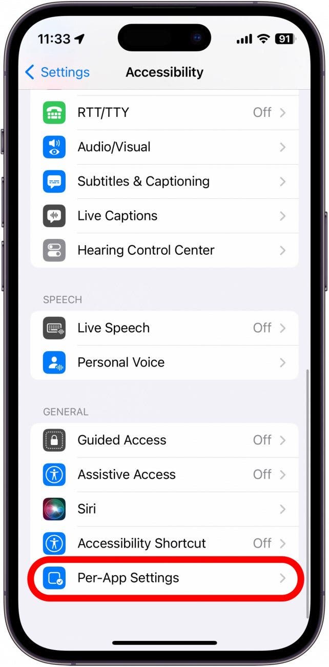 iPhone -Einstellungen Screenshot mit pro App -Einstellungen rot eingekreist