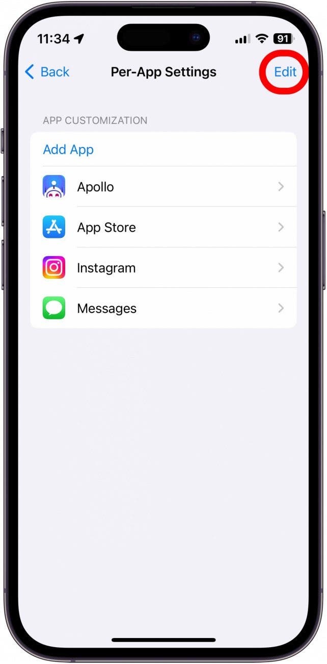 iPhone pro App -Einstellungen Screenshot mit eingekreistem Bearbeitungsschalter