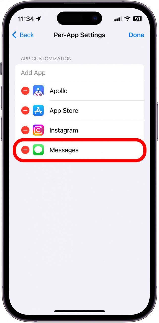 iPhone pro App -Einstellungen Screenshot mit Meldungen App Minus Zeichen rot eingekreist