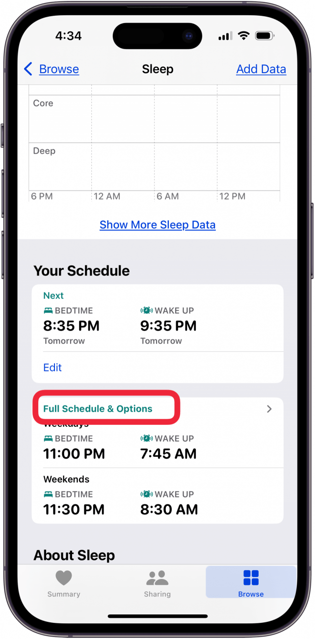 Tippen Sie auf den vollständigen Zeitplan und Optionen, um das Schlafziel zu ändern, iPhone