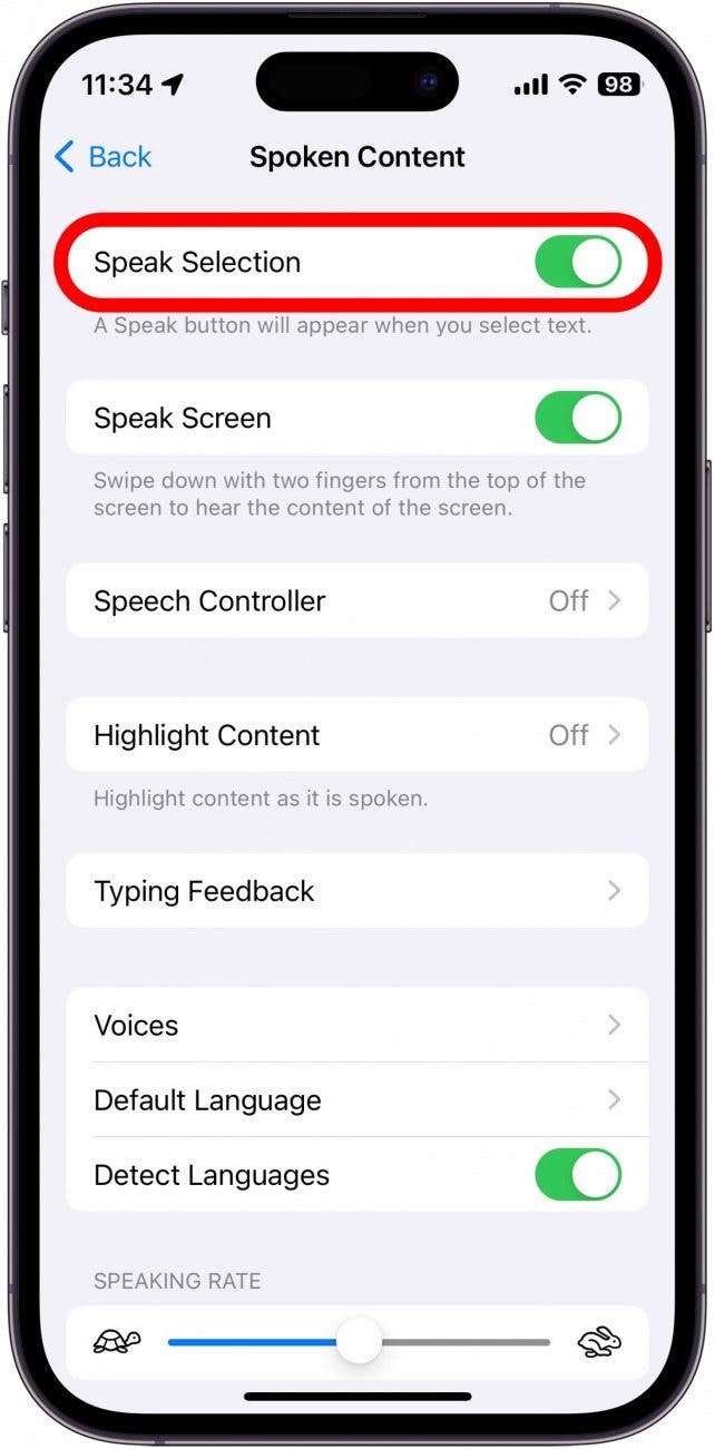 Sceenshot des iPhone -Texts zu Spracheinstellungen mit Sprechauswahl in rot eingekreist