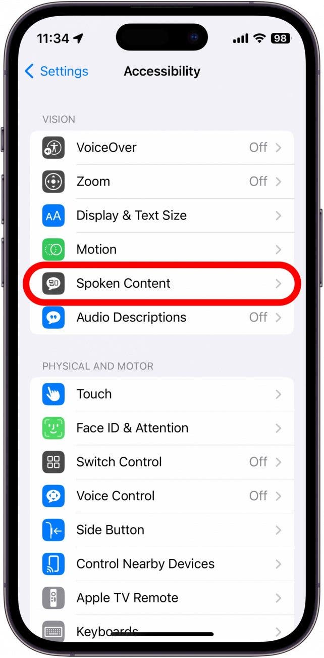 Screenshot der iPhone -Einstellungen mit gesprochener Inhaltsoption, die rot eingekreist