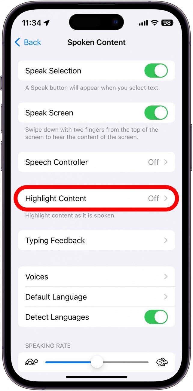Sceenshot von iPhone -Text zu Spracheinstellungen mit Highlight -Inhalten rot eingekreist