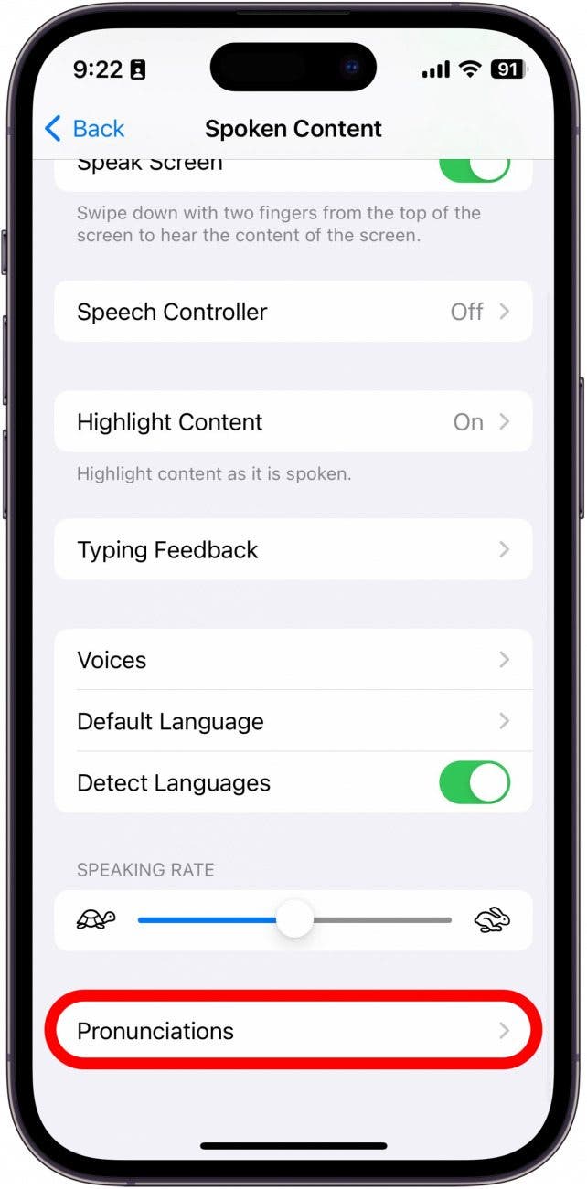 Sceenshot des iPhone -Texts zu Spracheinstellungen mit Aussprachen, die rot eingekreist 